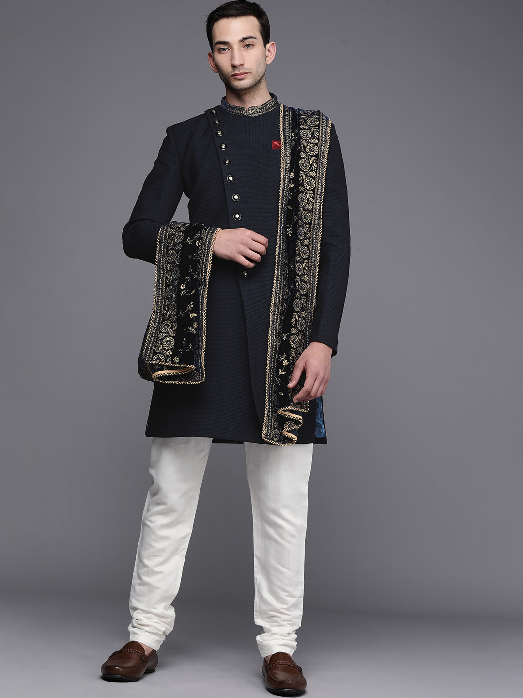 Manyavar Men Navy Blue & White Textured Sherwani Set with Dupatta
