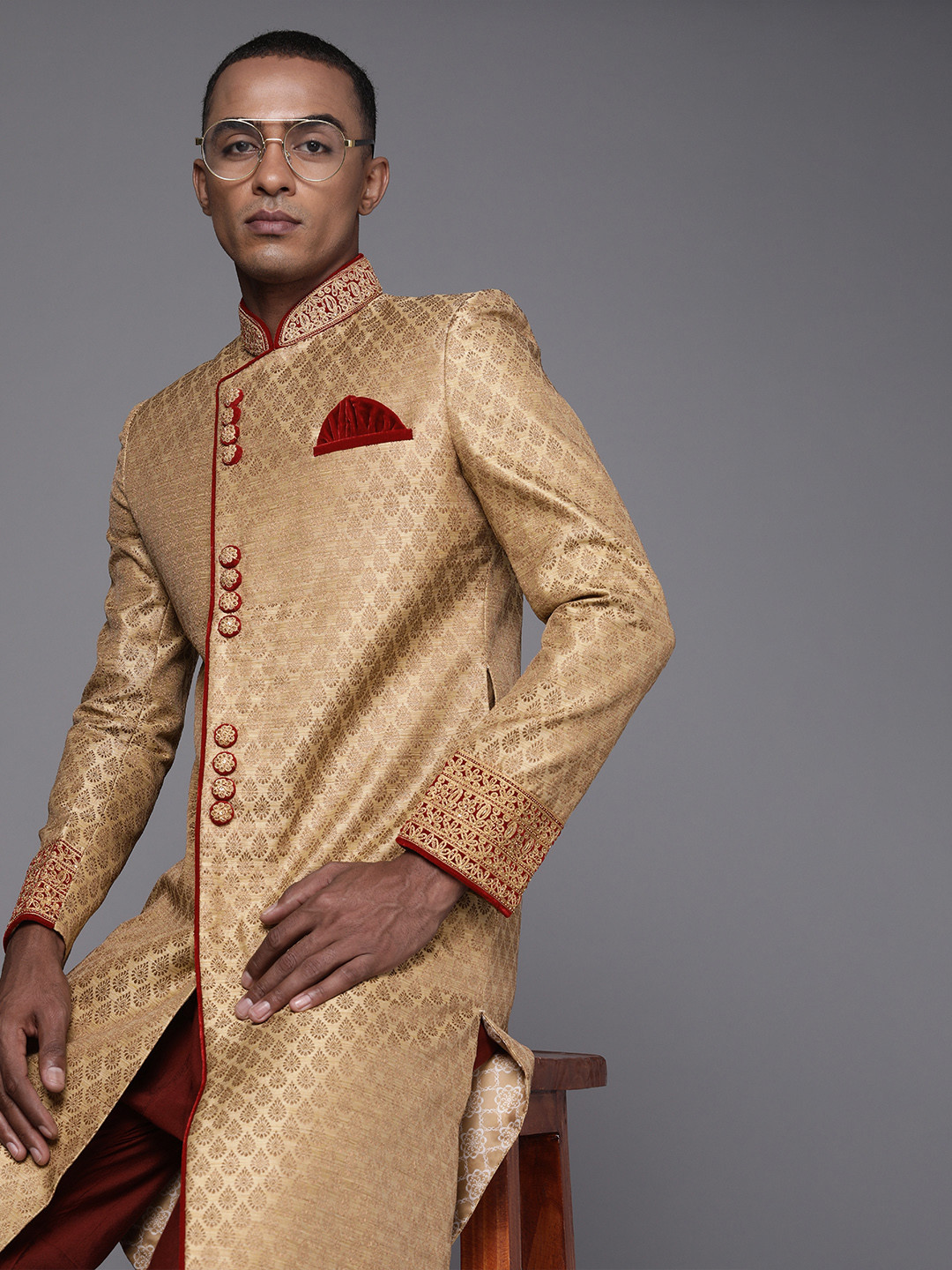 Manyavar Men Beige & Maroon Printed Sherwani and Churidar Set