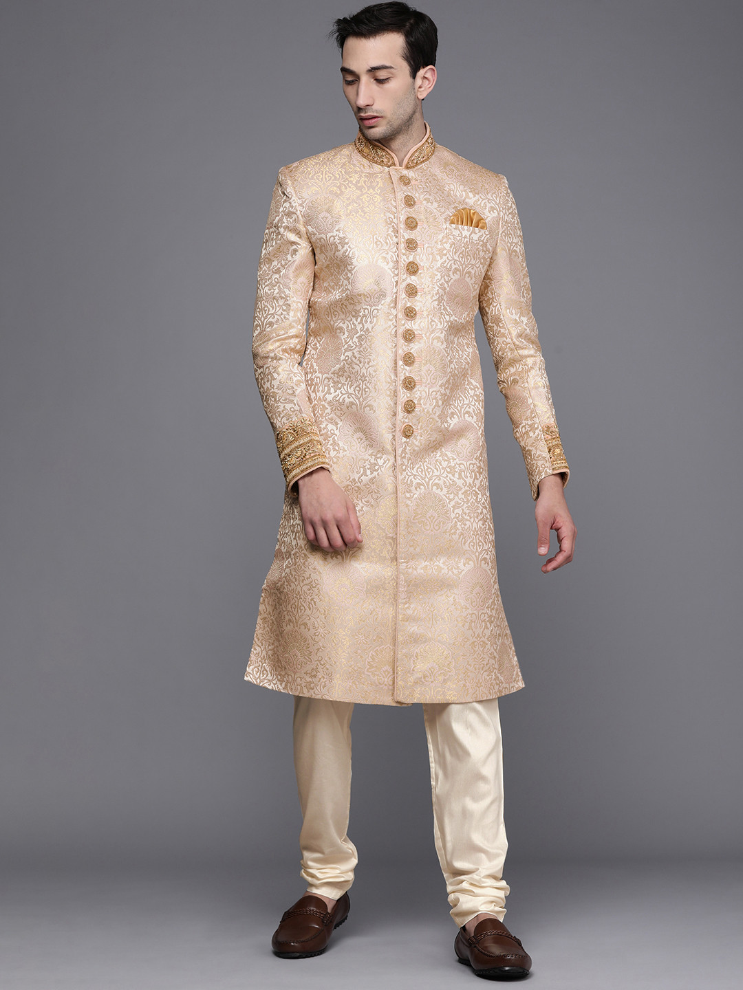 Manyavar Men Peach & Beige Printed Sherwani Set