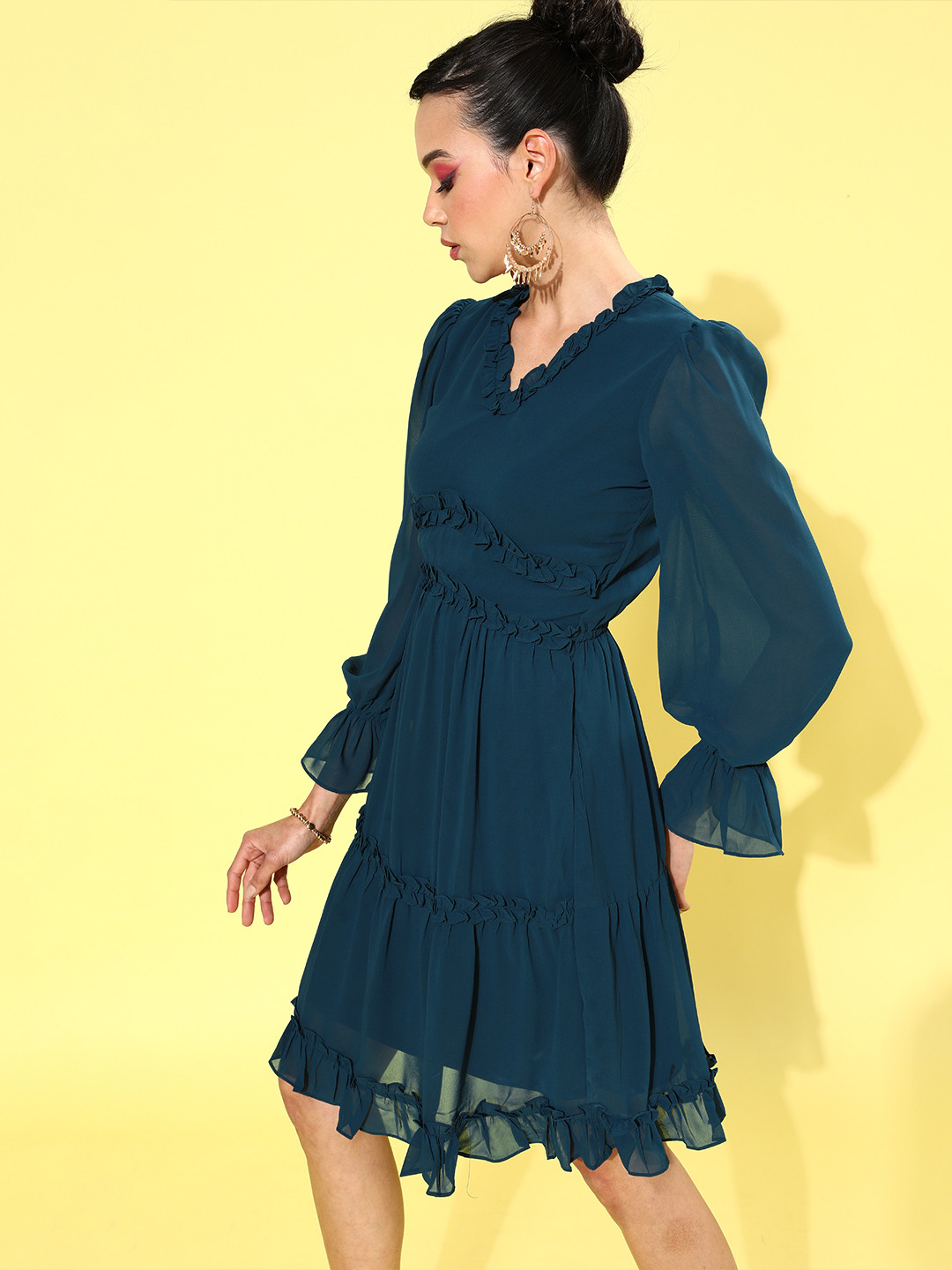 Athena Women Bright Turquoise Blue Self Design Waisted Dress