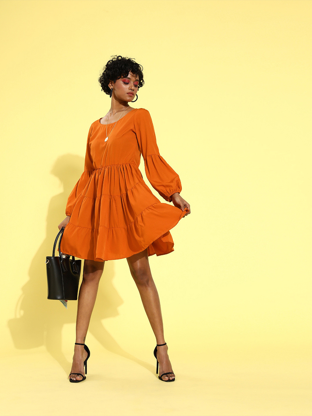 plusS Women Attractive Orange Solid Sweetheart Neck A-Line Dress
