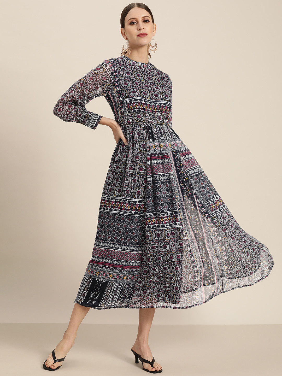 Juniper Navy Blue & Multicoloured Ethnic Motifs Chiffon Midi Dress