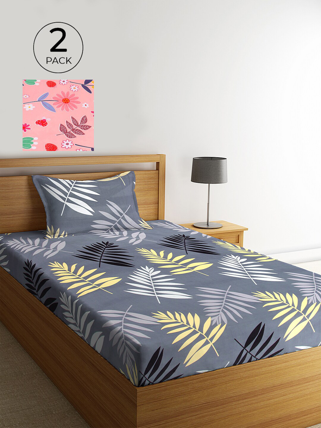 KLOTTHE Set Of 2 Multicoloured Floral 210 TC Single Bedsheet With 2 Pillow Covers