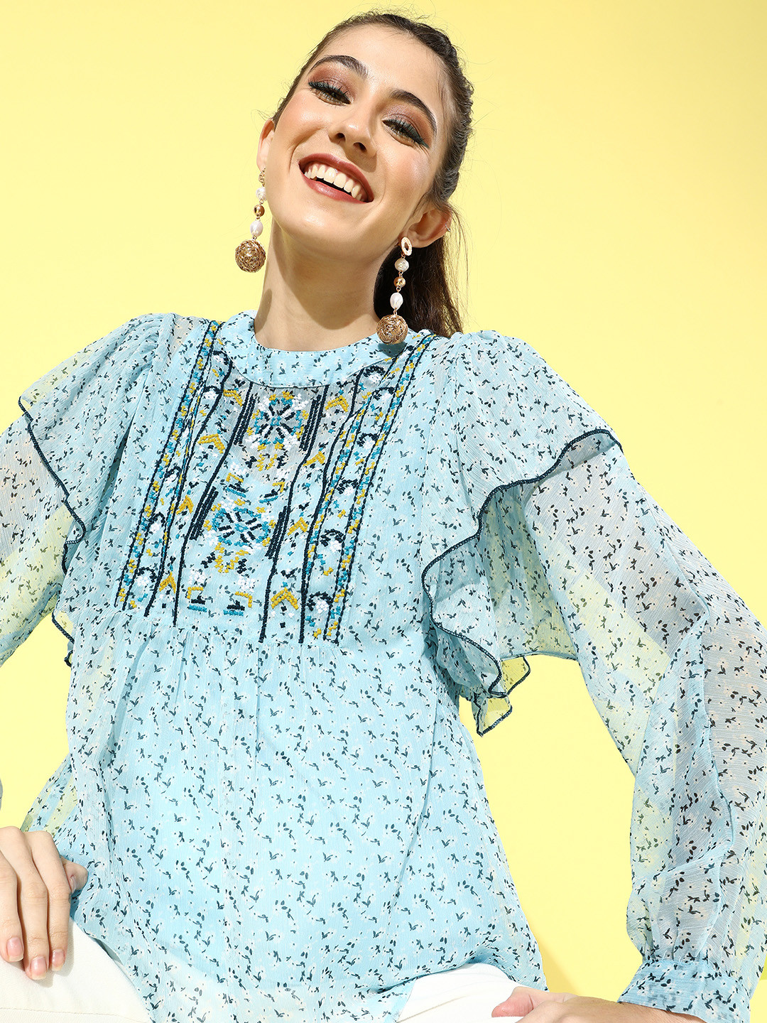 Antheaa Women Stunning Blue Conversational Chiffon Top