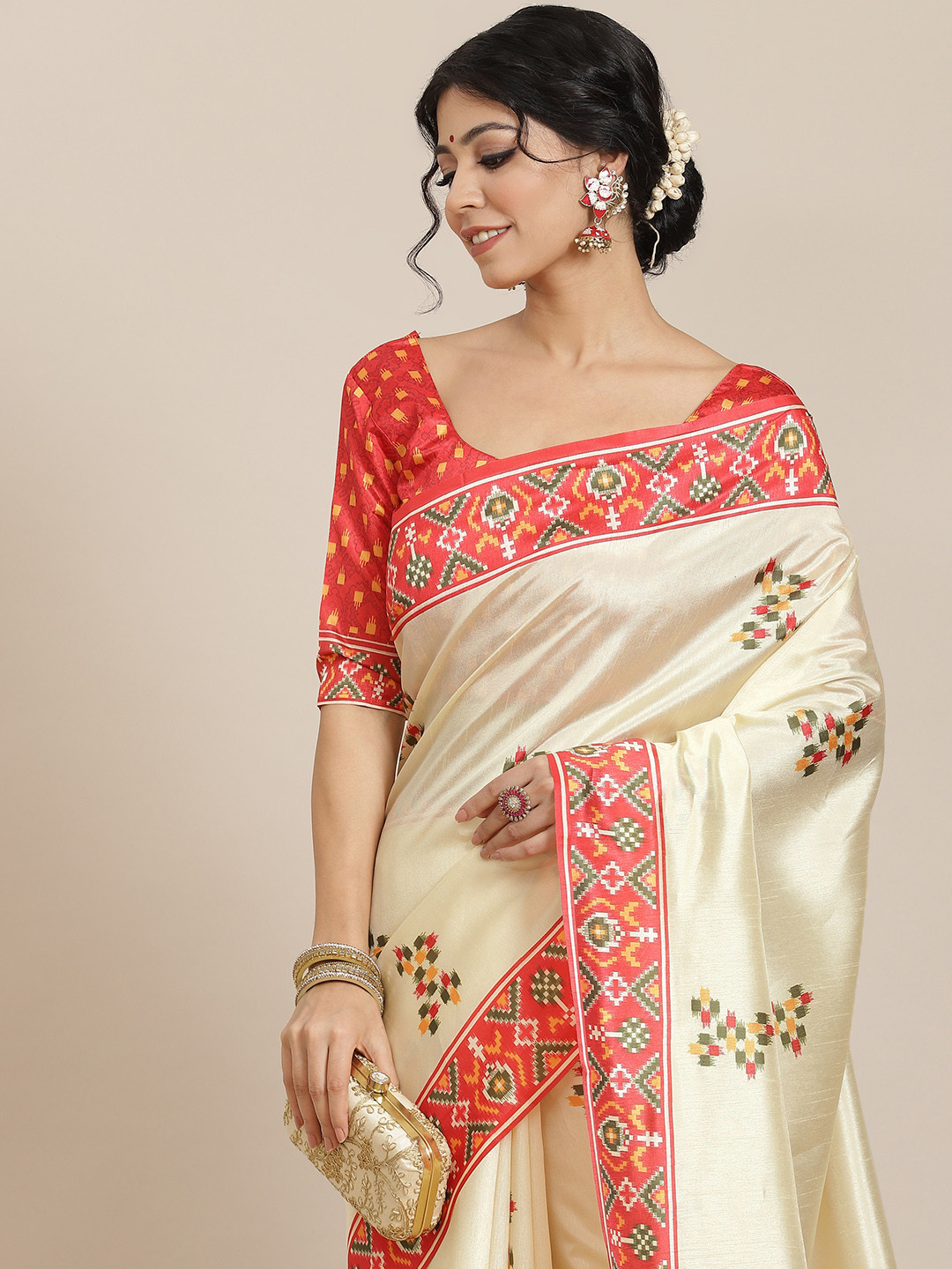 Mitera Off White & Orange Silk Blend Patola Saree