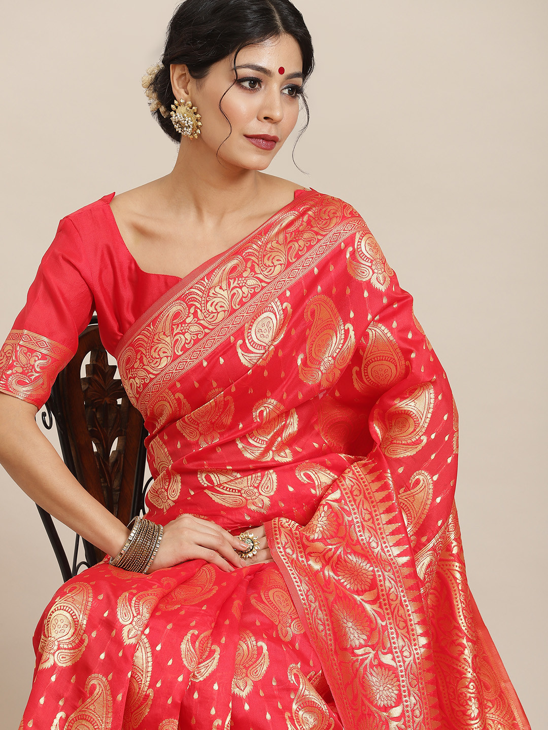 Mitera Red Floral Silk Blend Banarasi Ethnic Woven Design Saree