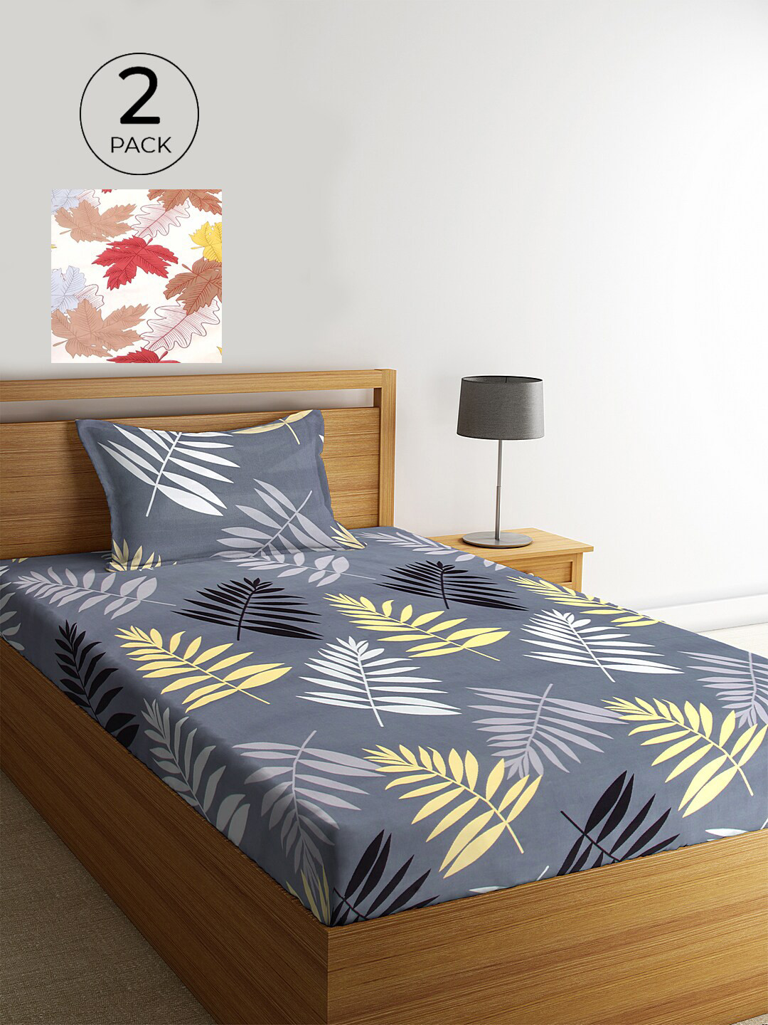 KLOTTHE Grey Floral Cotton 210 TC Single Fine 2 Bedsheet with 2 Pillow Covers-87 x 59 inches