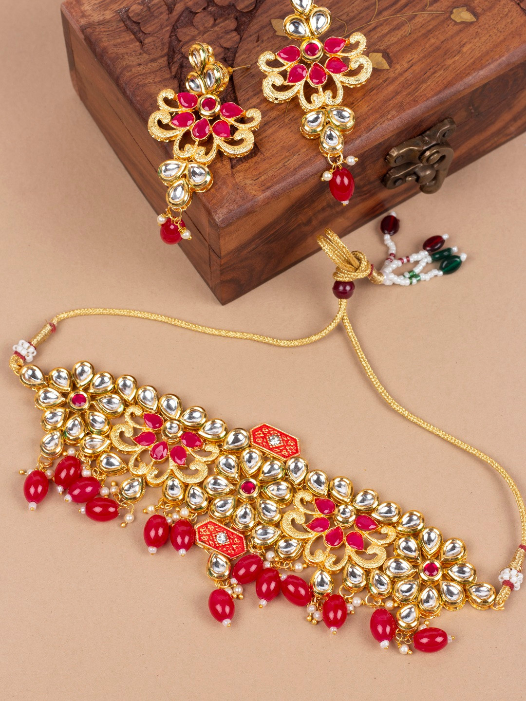 AccessHer Red & Pink Gold-Plated Kundan-Studded & Beaded Jewellery Set