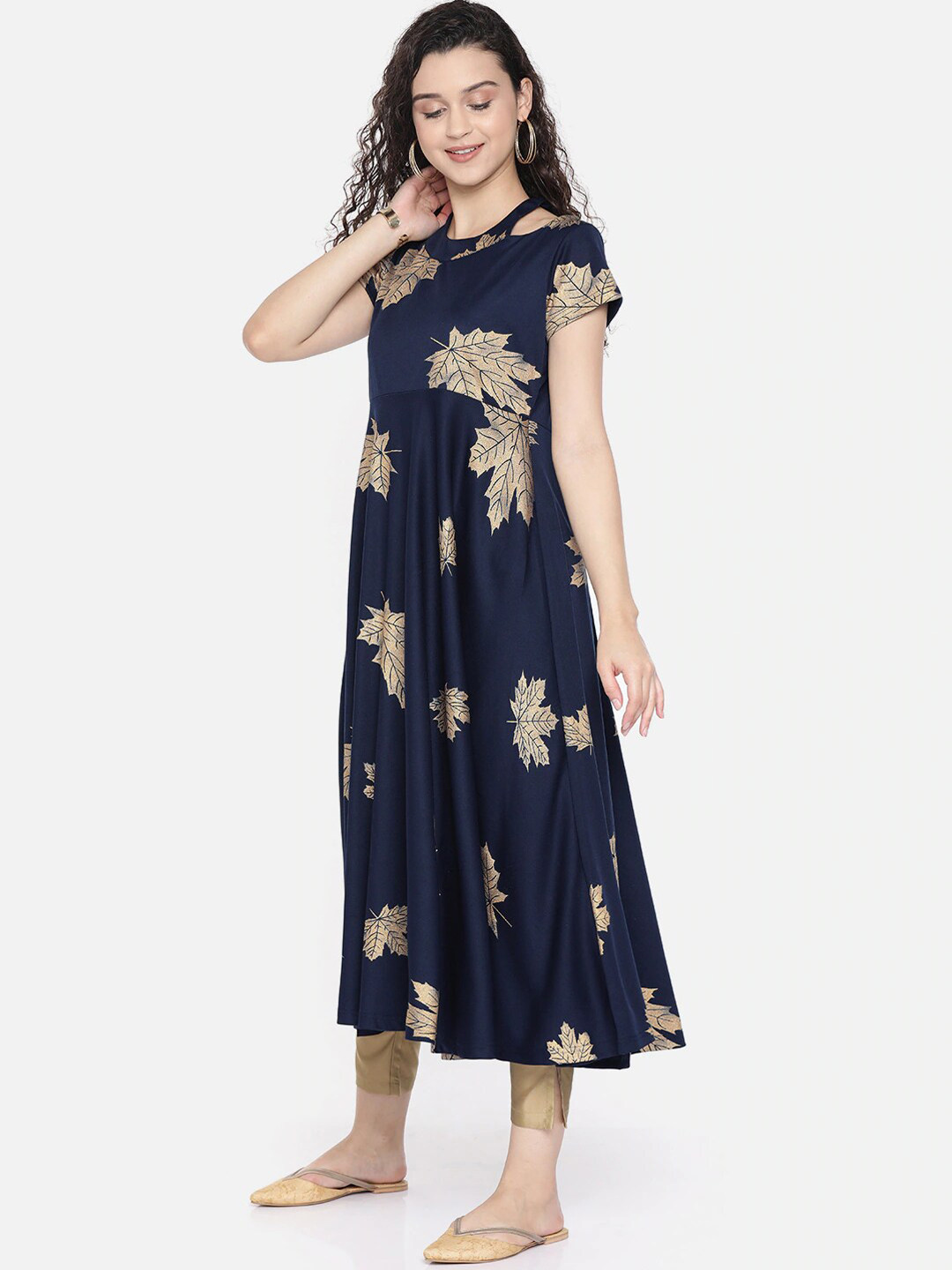 Ira Soleil Women Blue & Gold-Toned Floral Printed Anarkali Kurta