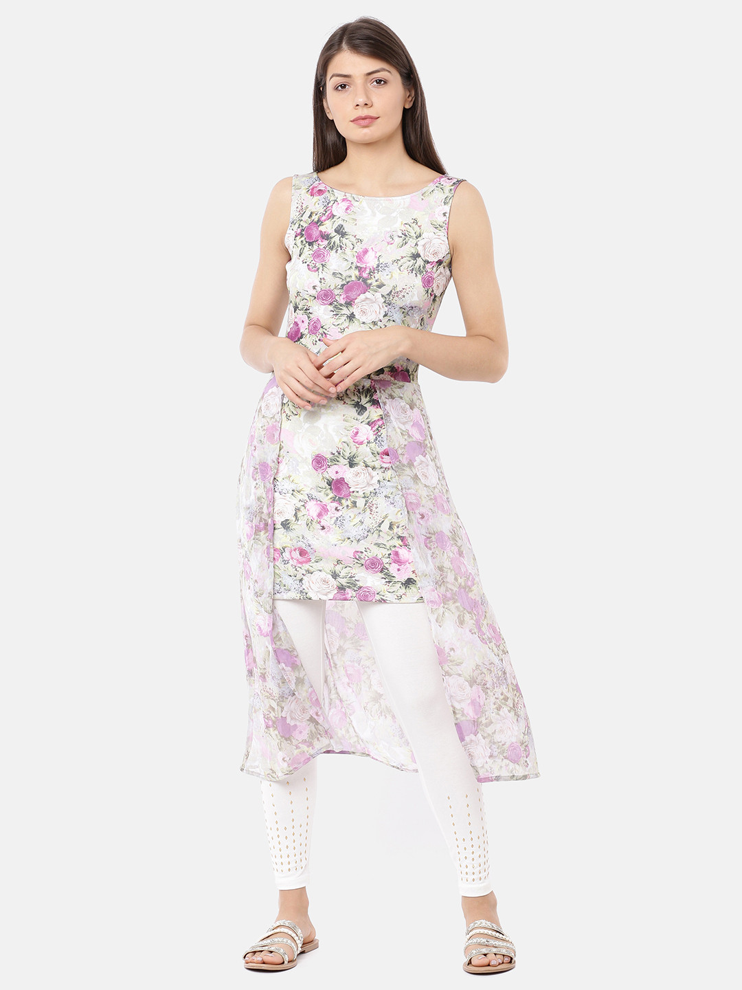 Ira Soleil Women White & Purple Floral Printed Kurta