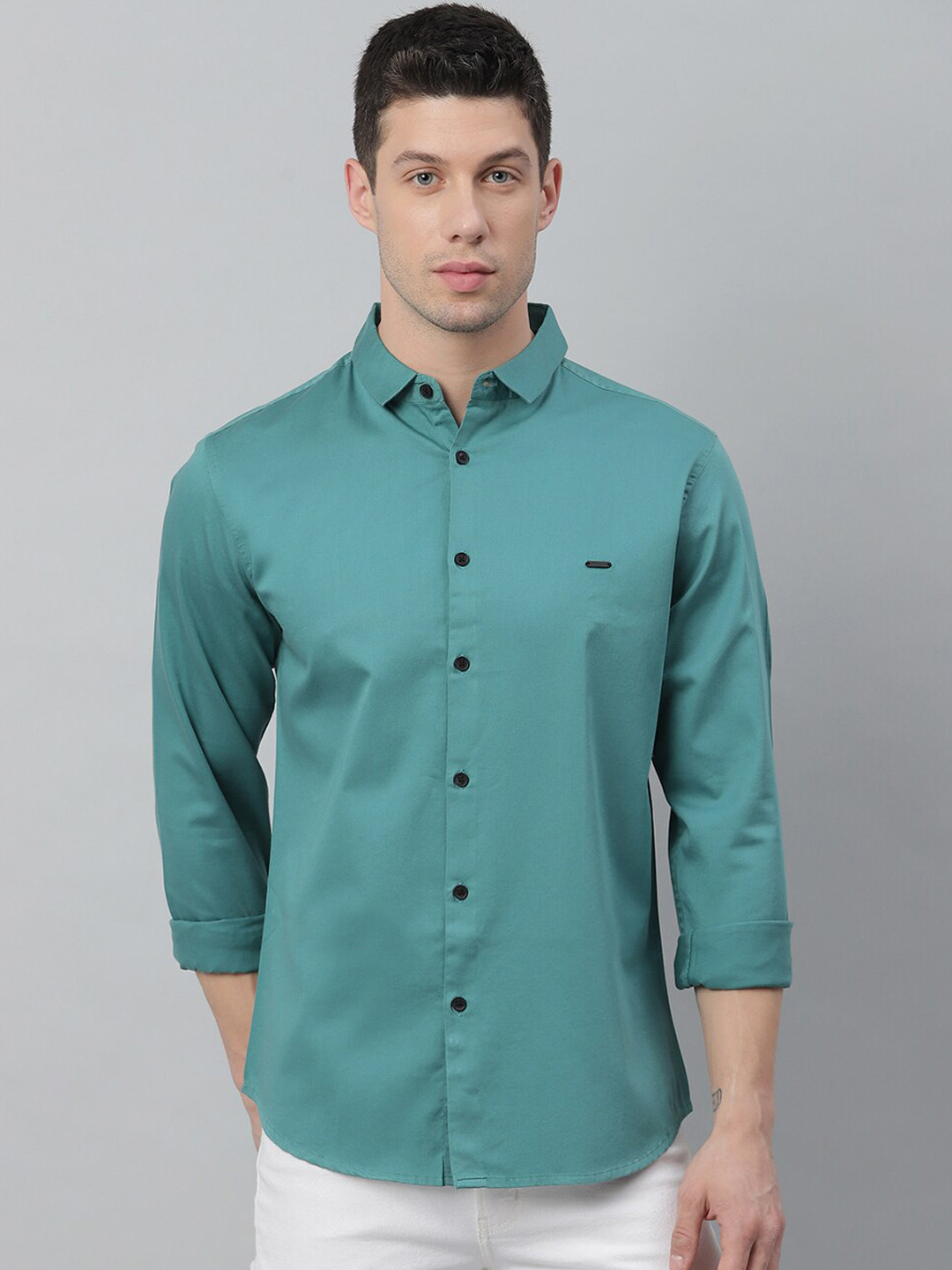 Dennis Lingo Men Green Slim Fit Opaque Cotton Casual Shirt