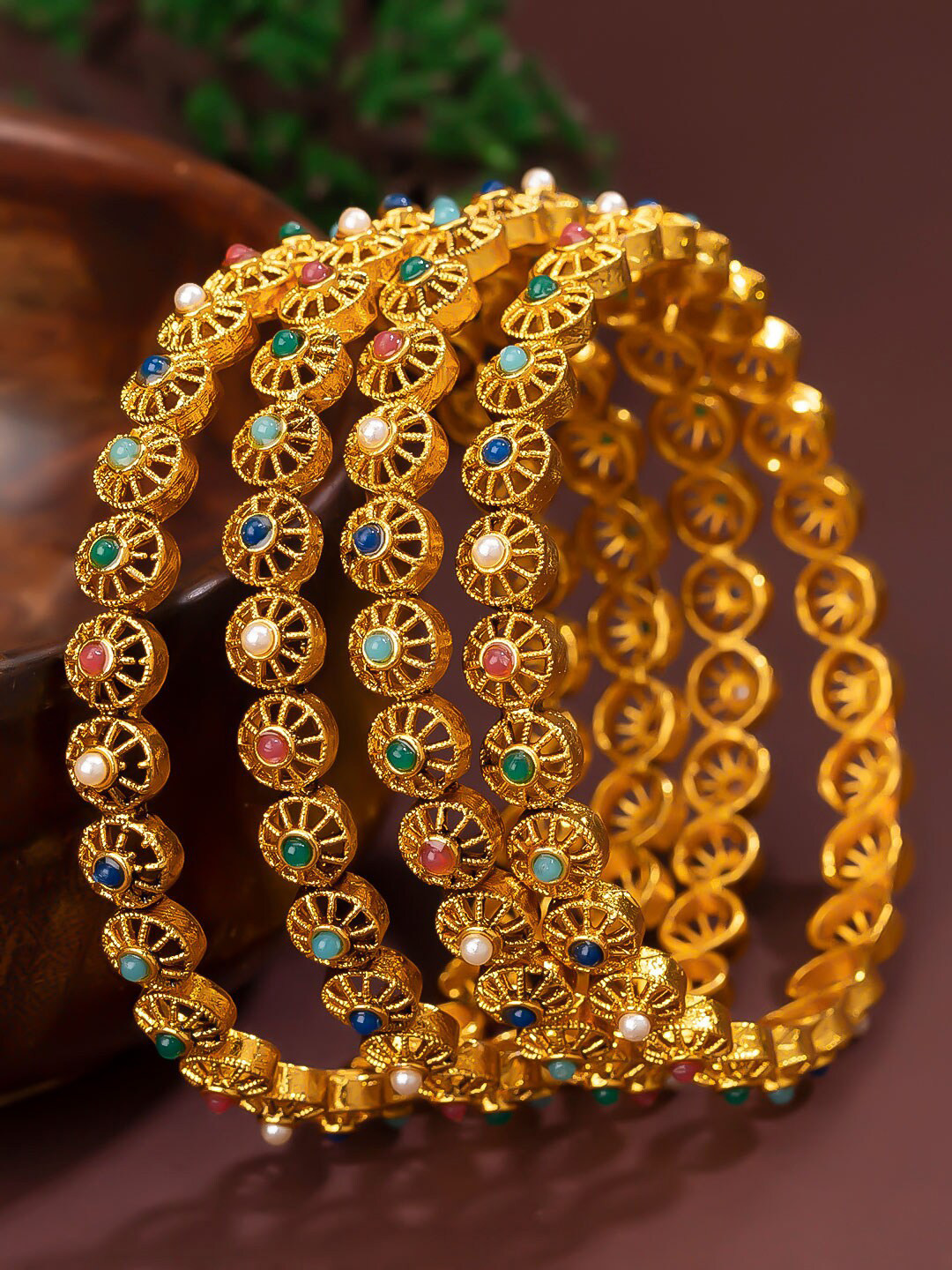 Sukkhi Set Of 4 Gold-Plated Green & Blue Stone-Studded Bangles