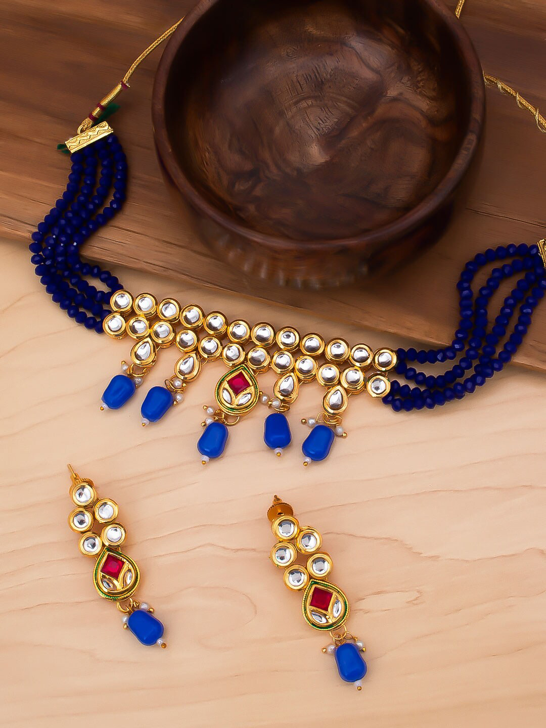 Sukkhi Gold-Plated Blue & White Kundan-Studded & Beaded Jewellery Set