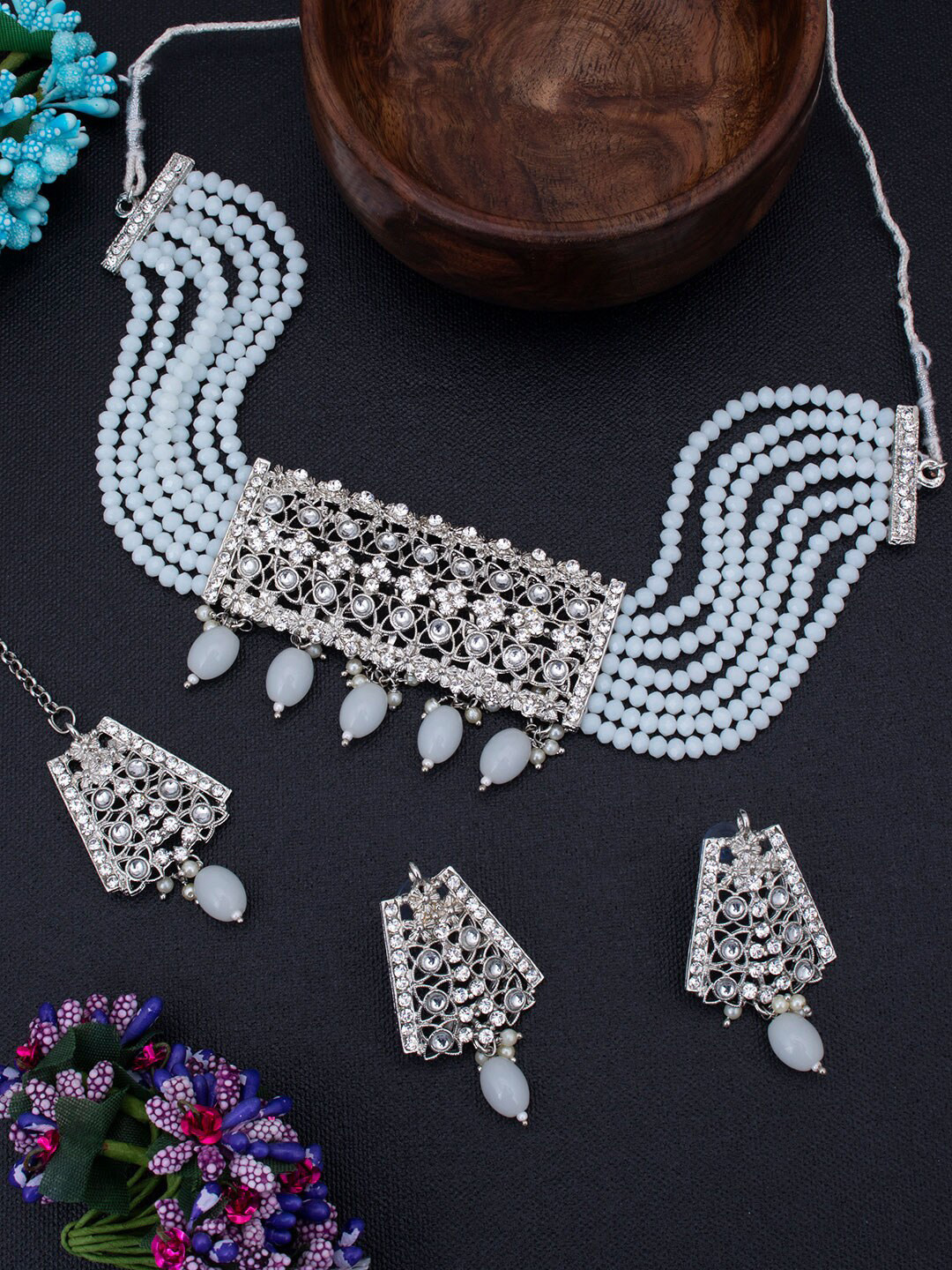 Sukkhi Rhodium-plated Silver-Toned & Grey Stone-Studded & Pearl Beaded Jewellery Set
