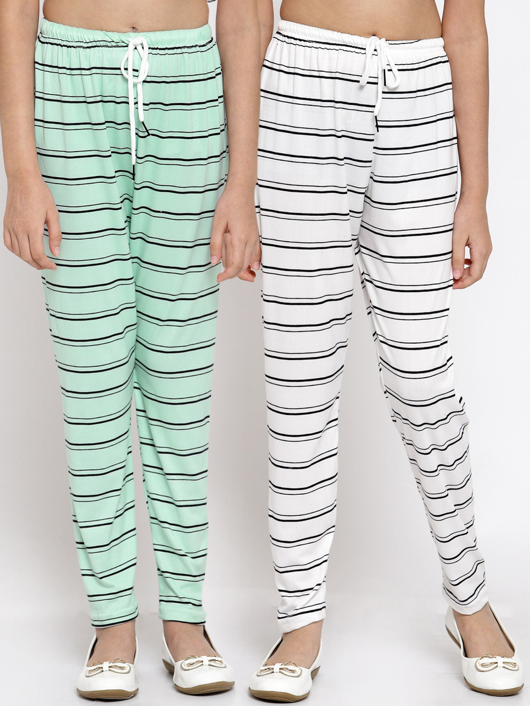 Klotthe Kids Girls Pack of 2 Sea Green & White Striped Ankle Length Leggings