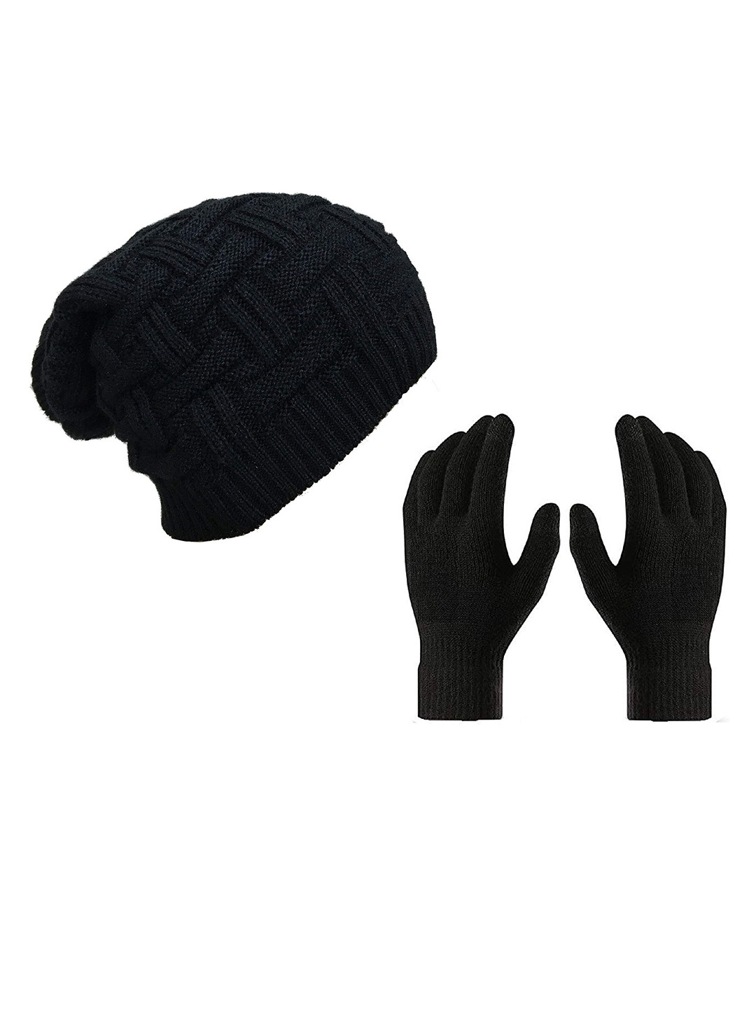 Gajraj Unisex Black Beanie With Gloves Set