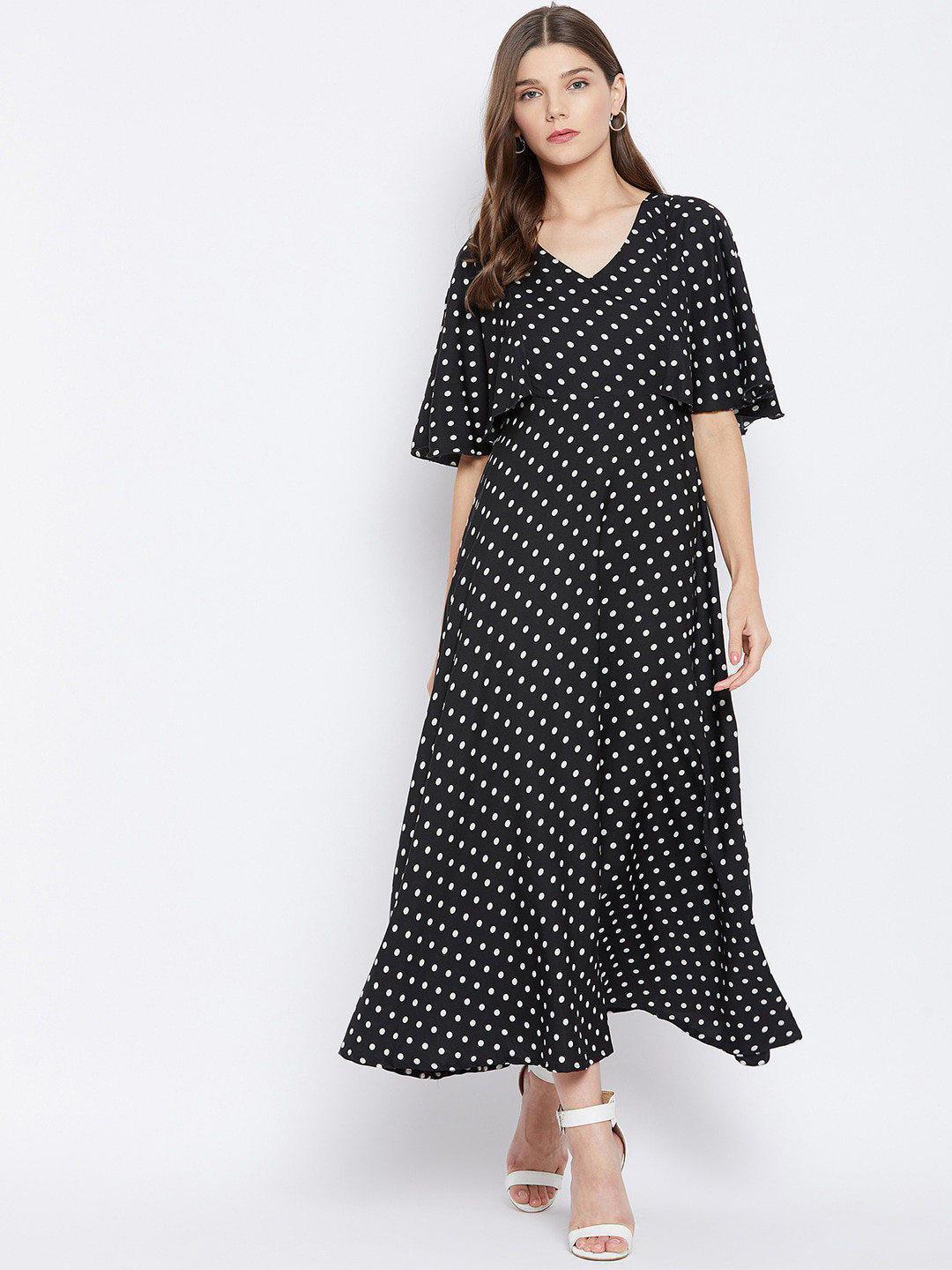 U&F Black Polka Dot Printed Crepe Maxi Dress