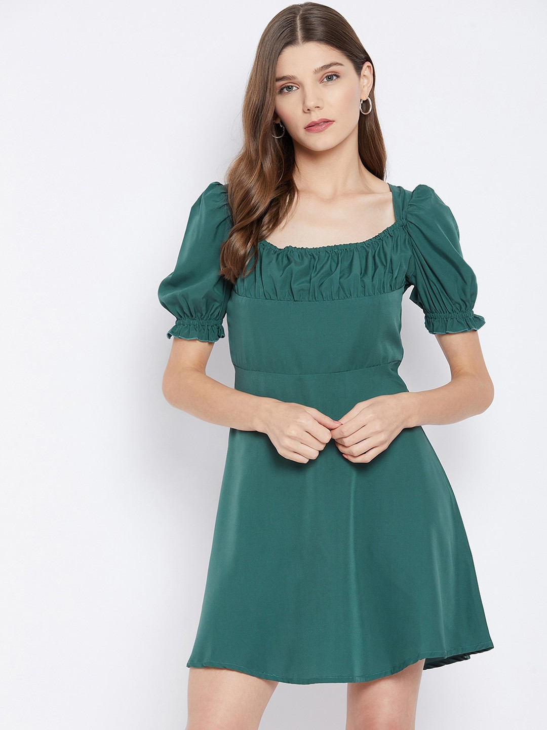 U&F Green Puff Sleeves Crepe A-Line Dress
