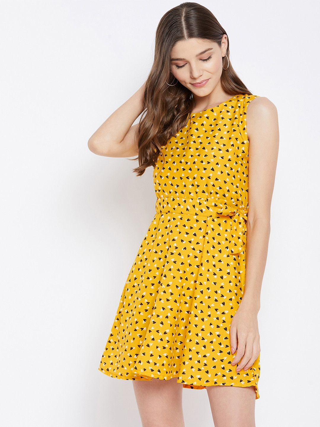 U&F Yellow Conversational Printed Crepe Mini Dress