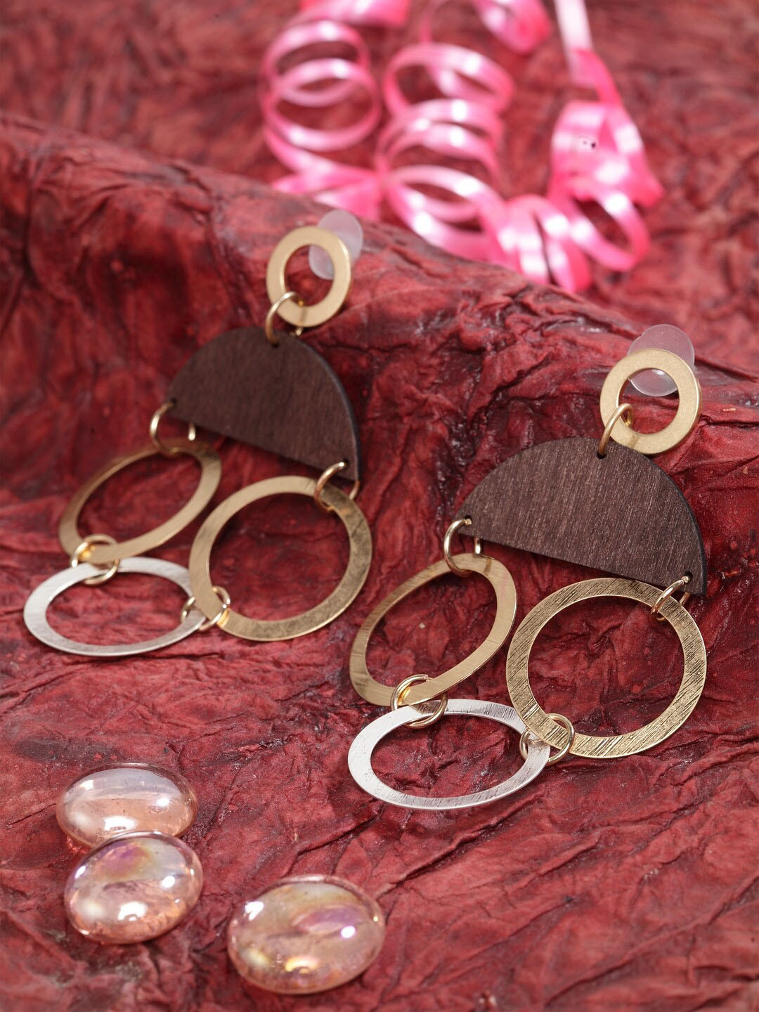 DIVA WALK Gold-Plated & Brown Handcrafted Geometric Drop Earrings