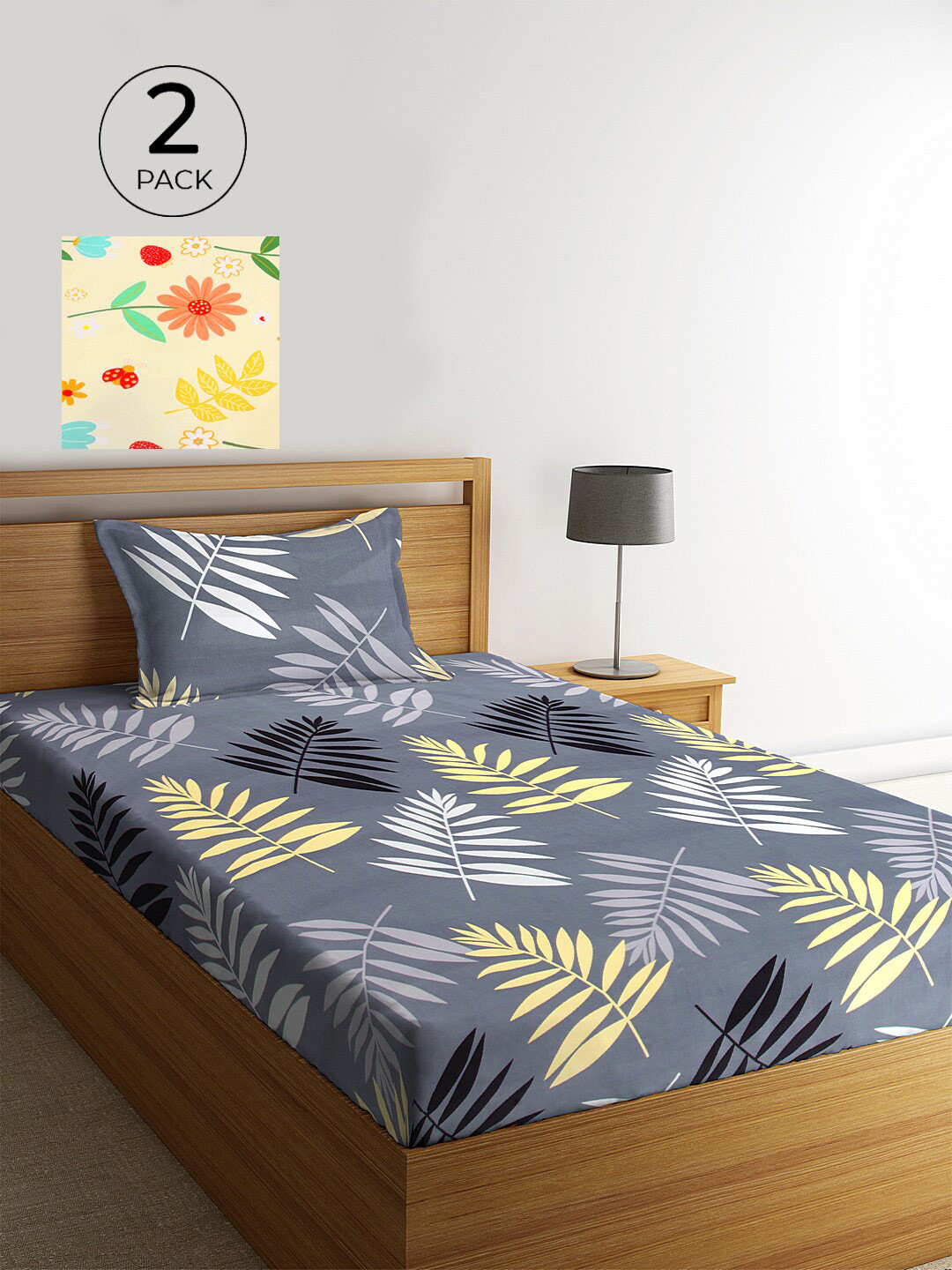 KLOTTHE Yellow Leaf Polycotton 210 TC Single Fine 2 Bedsheet with 2 Pillow Covers-87 x 59 inches