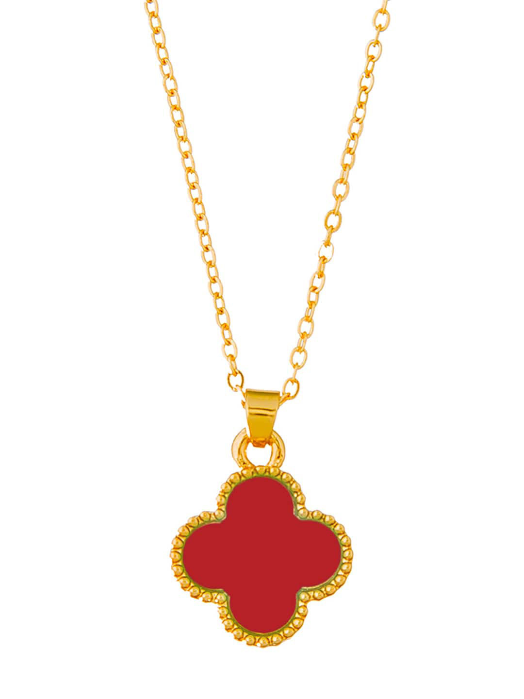 Moon Dust Women Gold & Red Floral Onyx Enamelled Pendant With Chain