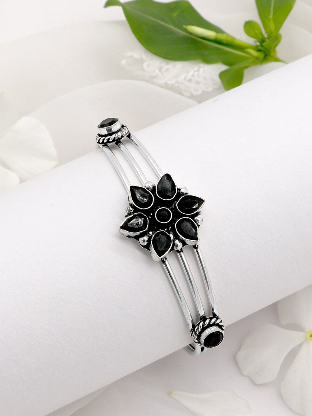 TEEJH Women Silver Plated & Black Oxidized Bracelet