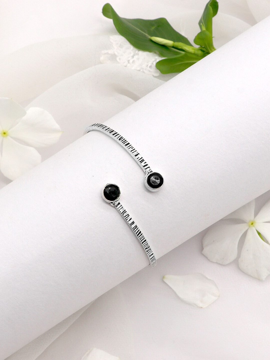 TEEJH Women Silver-Toned & Black Bhamini Oxidised Silver-Plated Cuff Bracelet