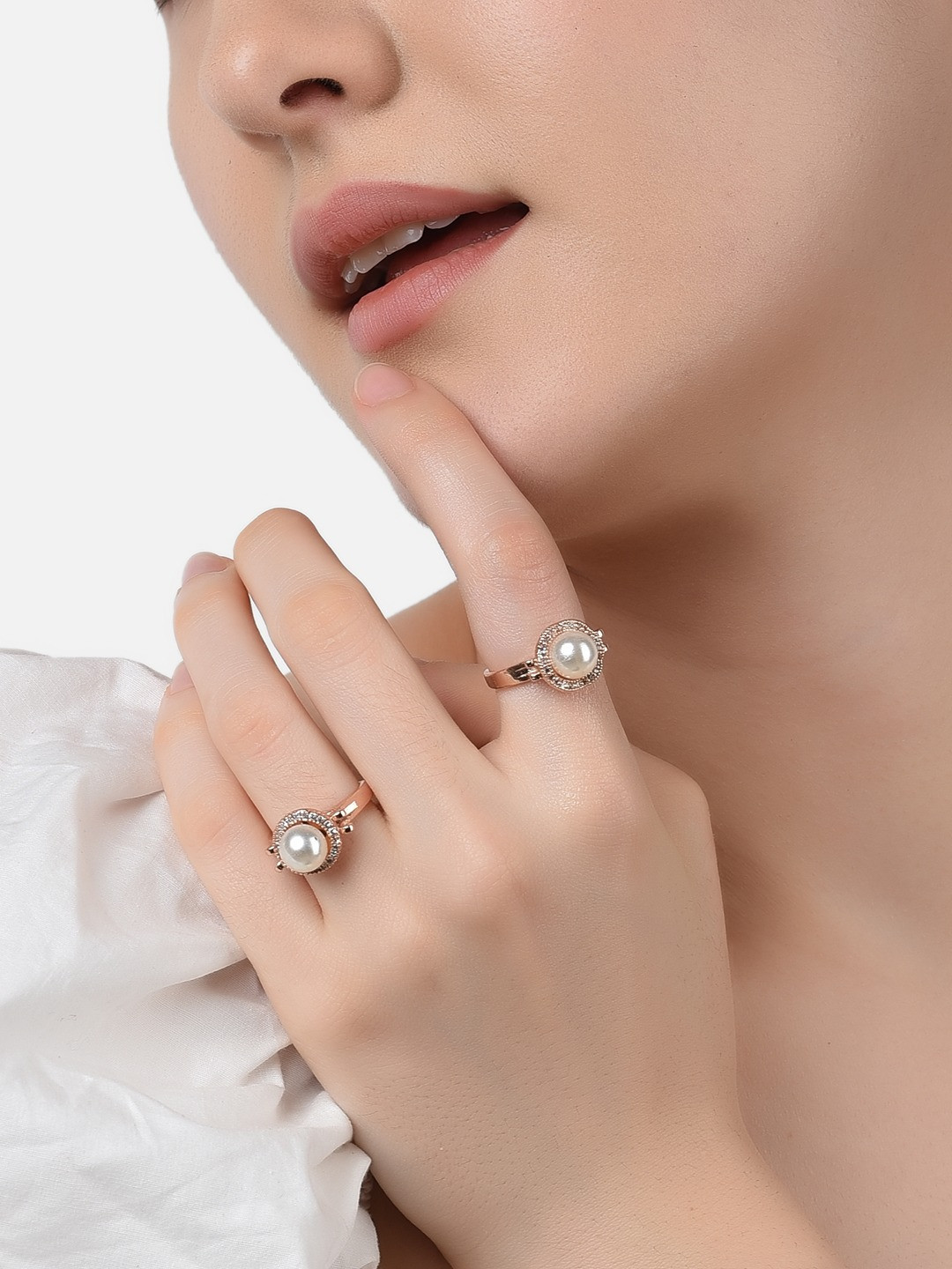 AMI Set Of 2 Rose Gold-Plated White CZ-Studded & Beaded Adjustable Finger Rings