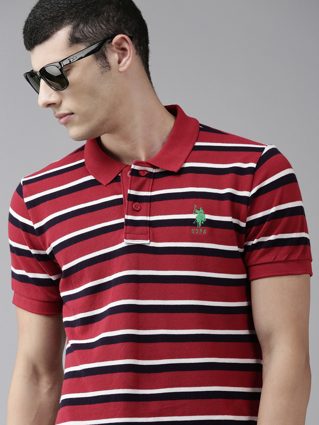 U S Polo Assn Men Rust Red & Navy Blue Striped Polo Collar Slim Fit Pure Cotton T-shirt