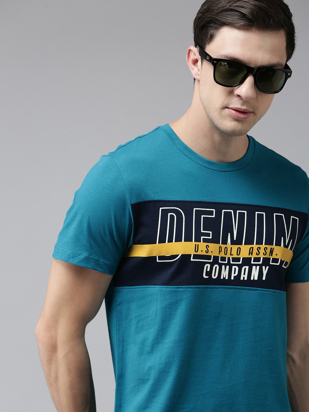 U S Polo Assn Denim Co Men Teal Blue Brand Logo Printed Pure Cotton Casual T-shirt