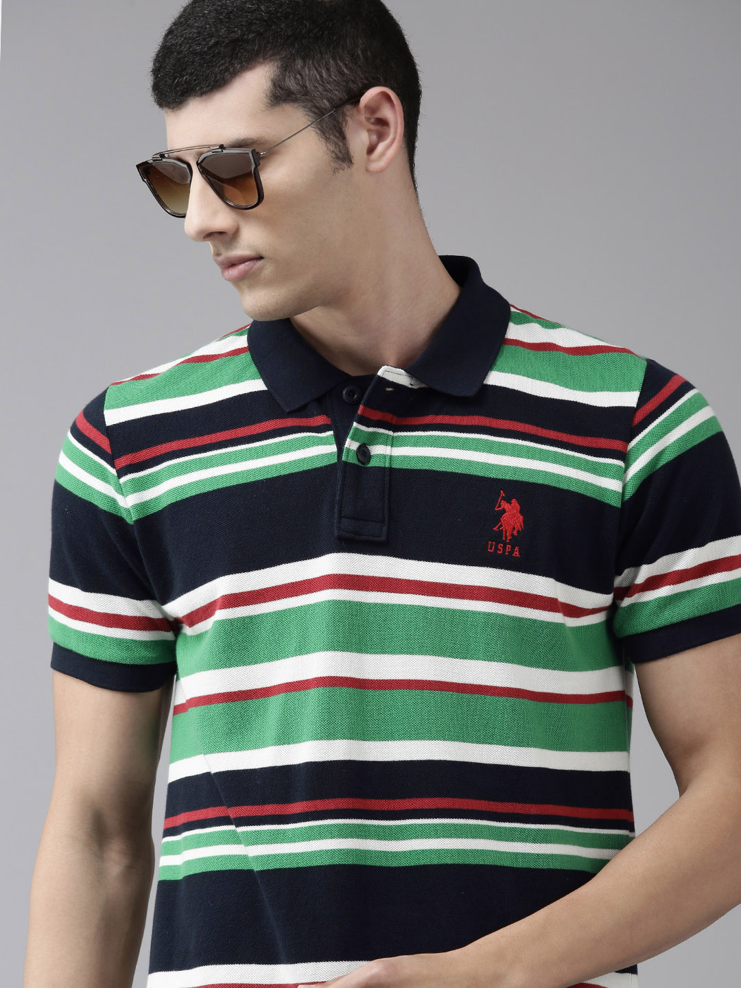 U S Polo Assn Men Navy Blue & Green Striped Polo Collar Slim Fit Pure Cotton T-shirt