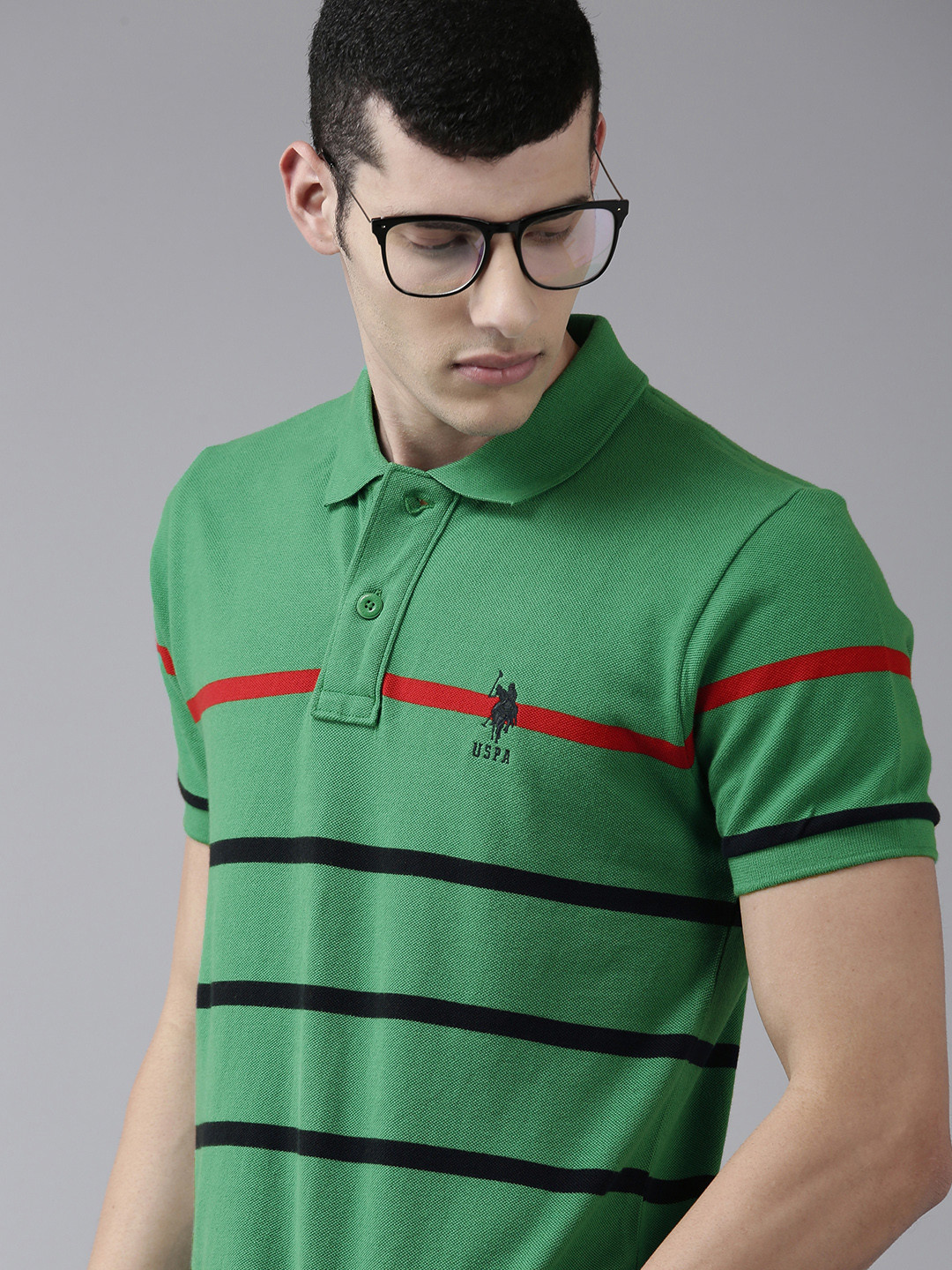 U S Polo Assn Men Green & Navy Blue Striped Polo Collar Pure Cotton T-shirt