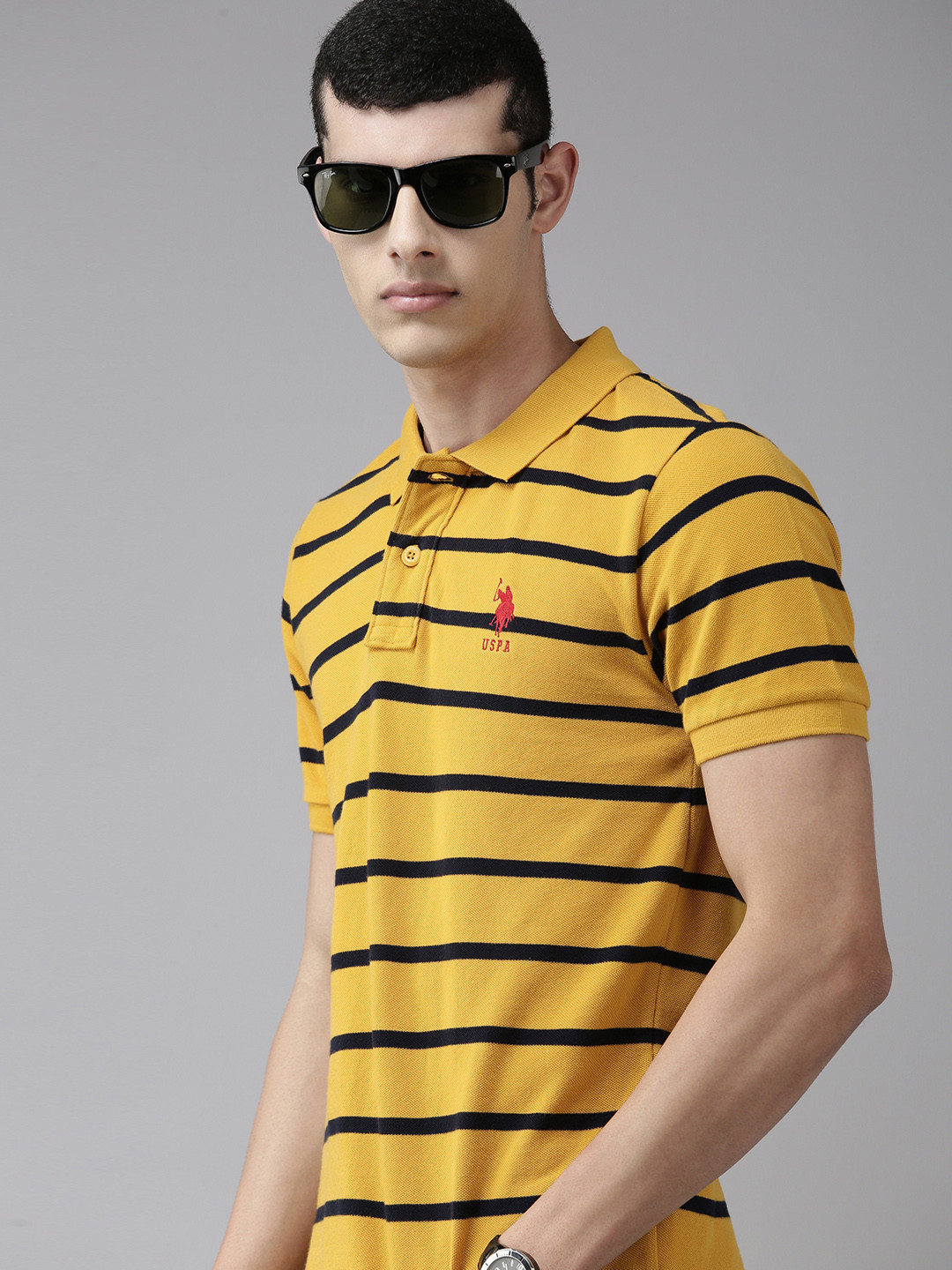 U S Polo Assn Men Mustard Yellow & Black Striped Pure Cotton Polo Collar T-shirt