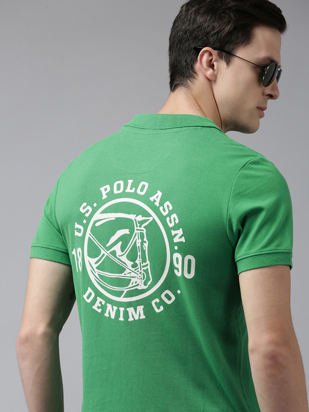 U S Polo Assn Denim Co Men Green Brand Logo Printed Polo Collar Pure Cotton T-shirt