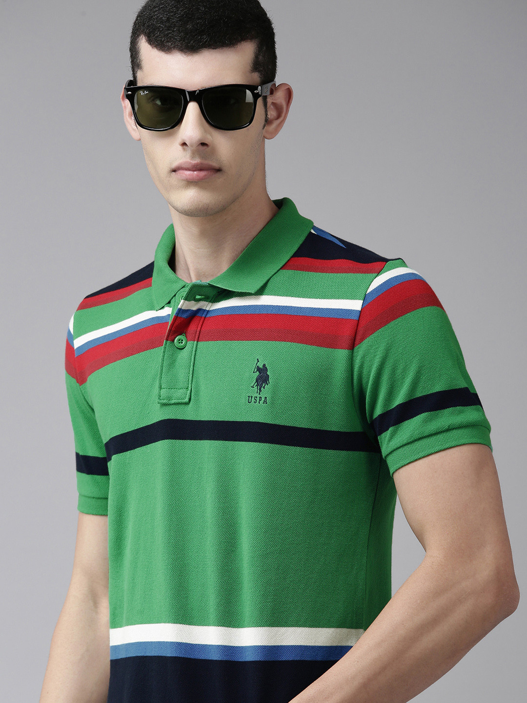 U S Polo Assn Men Green & Blue Striped Polo Collar Slim Fit T-shirt