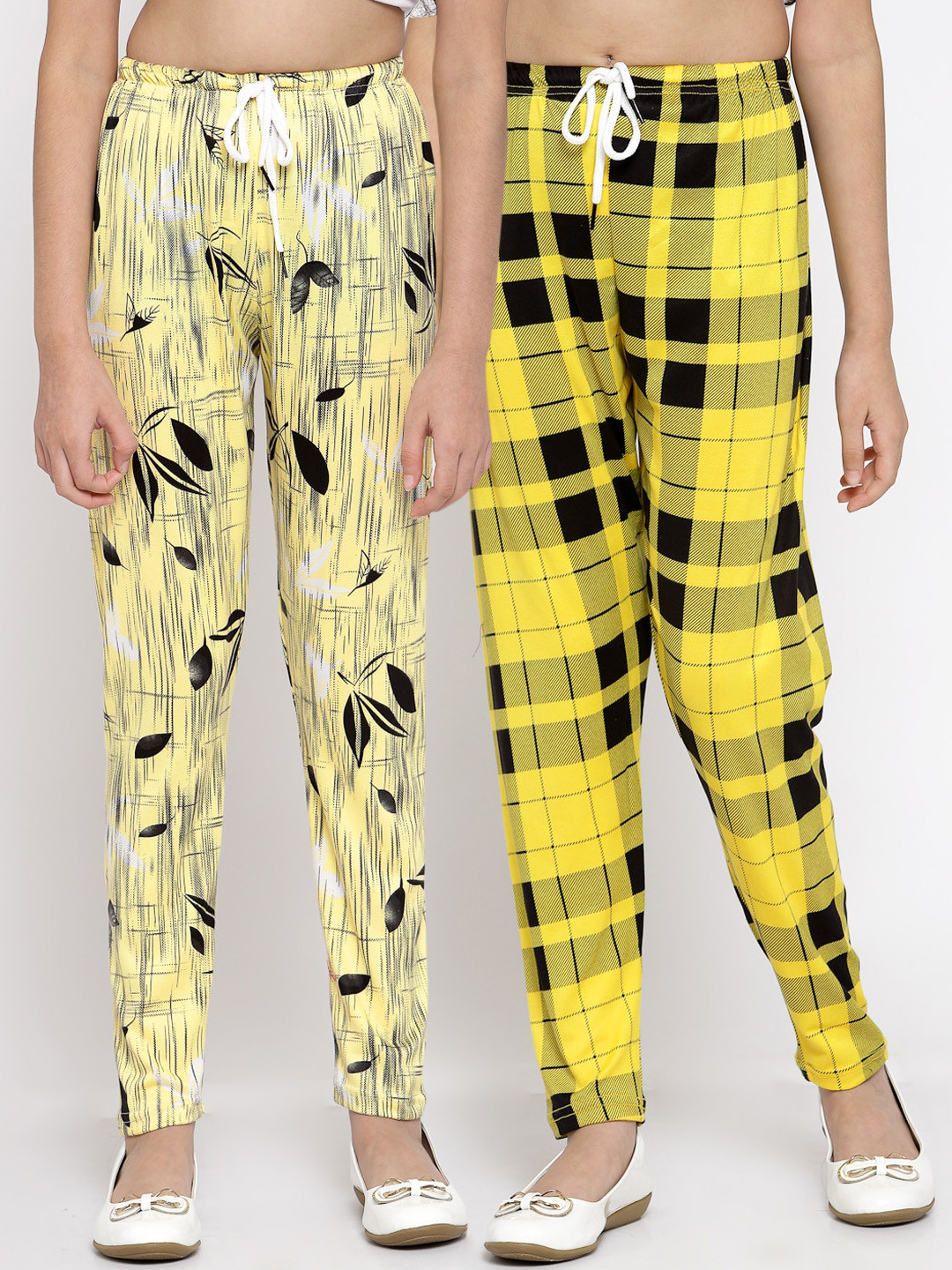 KLOTTHE Girls Cream-Coloured & Yellow Pack Of 2 Printed Trouser