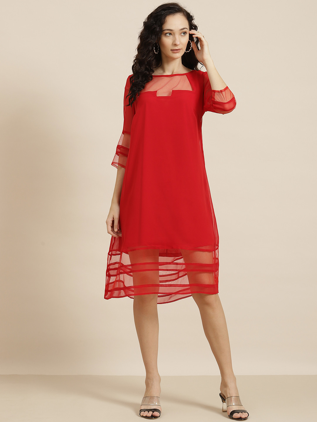 Qurvii Red Georgette A-Line Dress