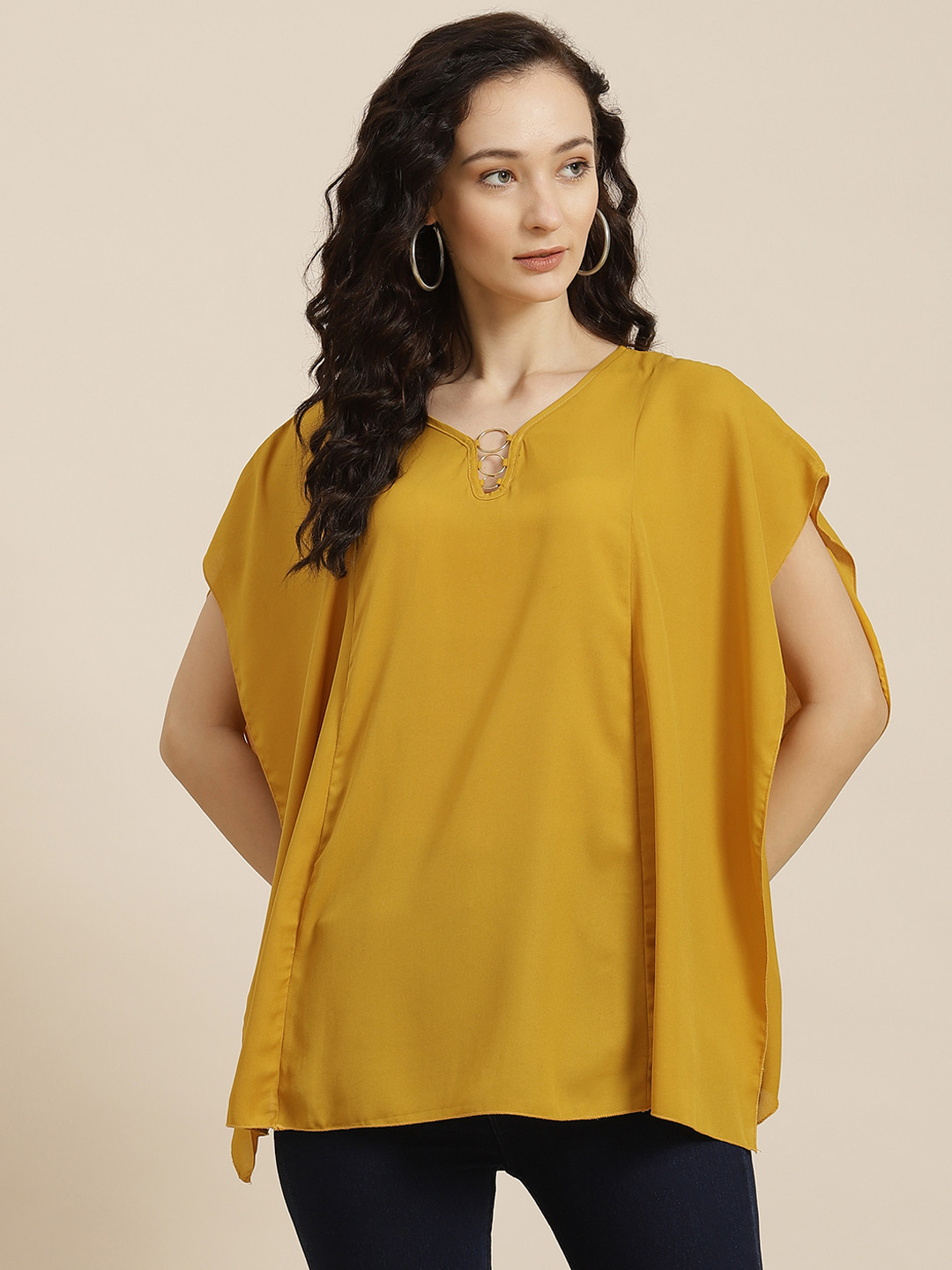 Qurvii Mustard Yellow Keyhole Neck Crepe Kaftan Top