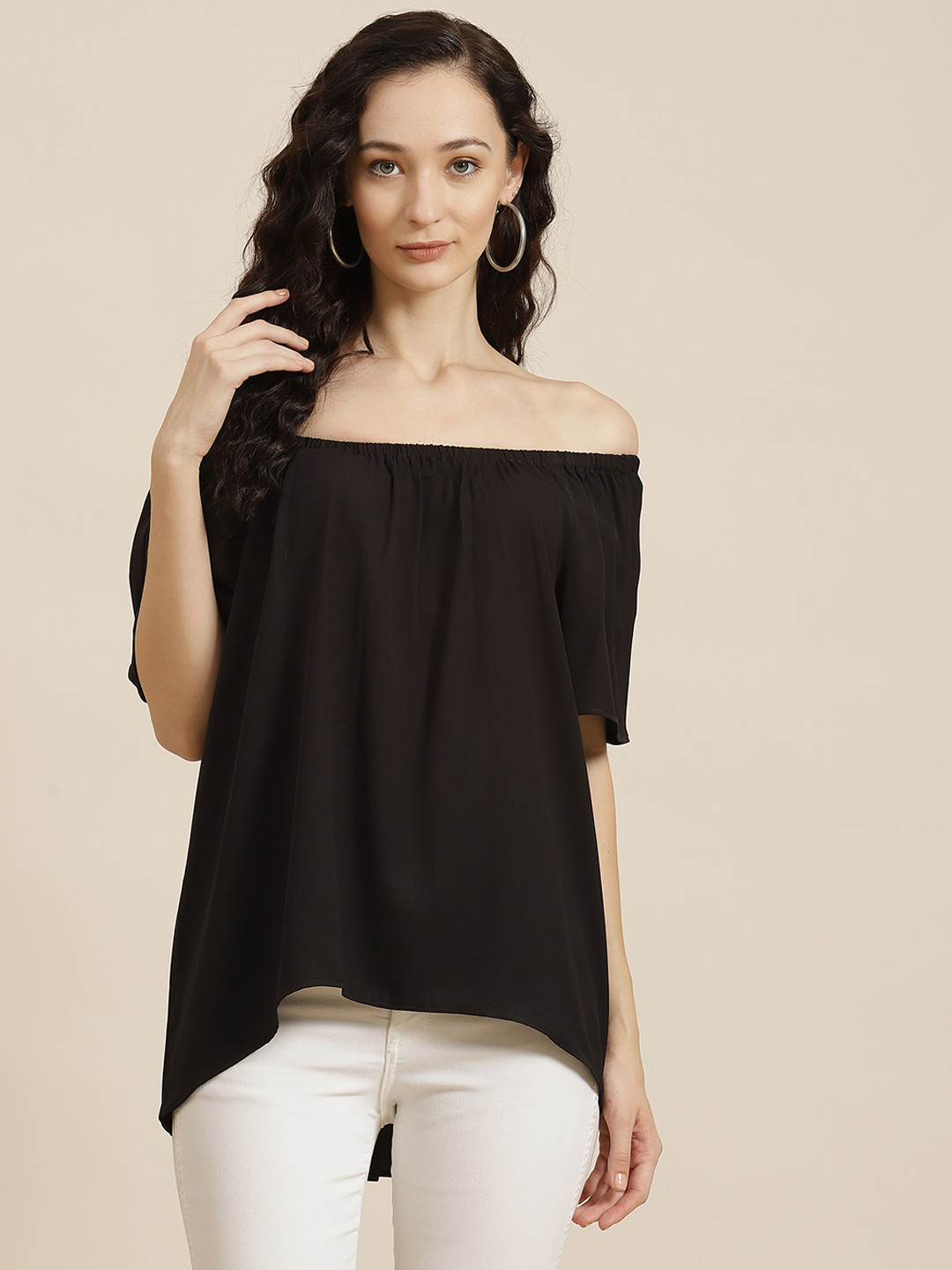 Qurvii Black Off-Shoulder Crepe High-Low Top