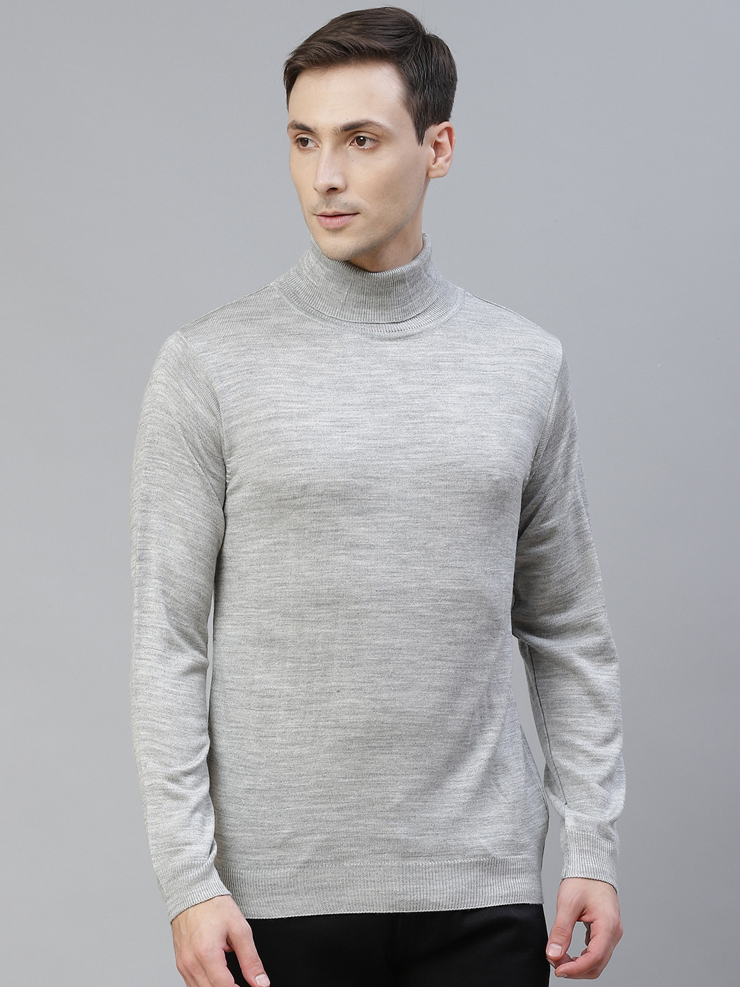 Pierre Carlo Men Grey Melange Solid Turtle Neck Pullover