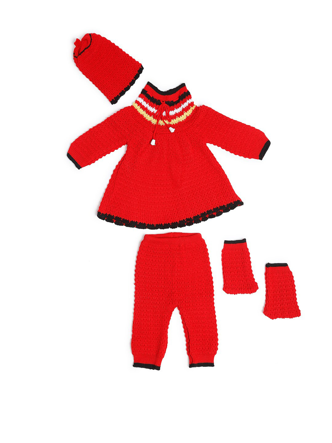 Superminis Unisex Kids Red & Black Woolen Top & Trousers With Caps & Mittens Set