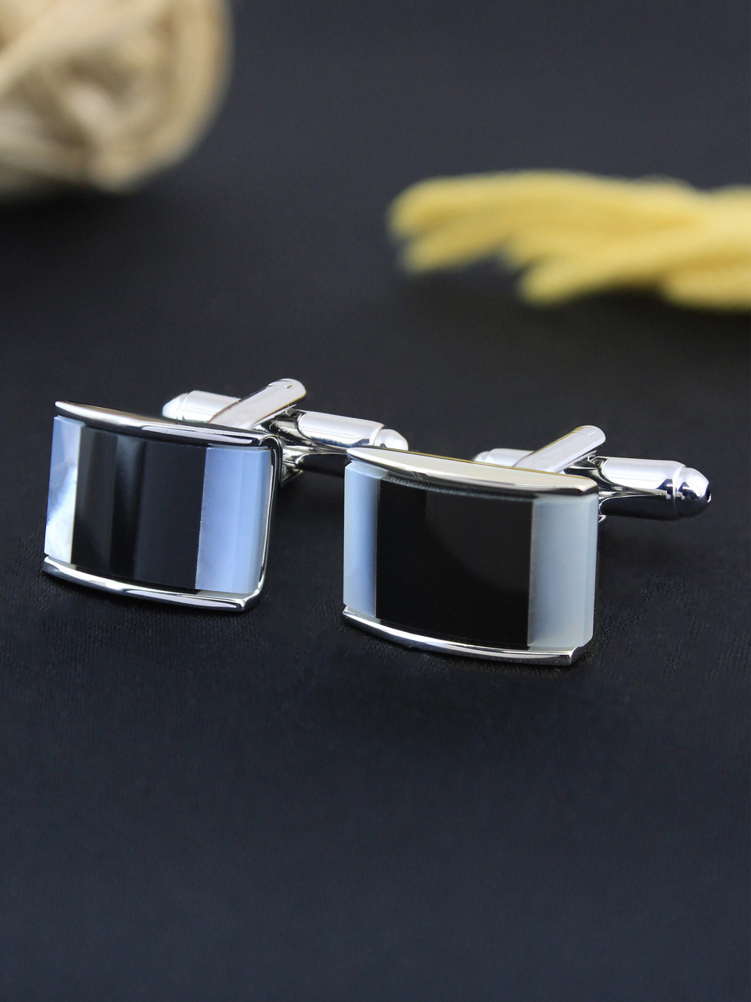 PELUCHE Men Mother Of Pearl Stone & Black Onyx Stone Silver-Toned Cufflink