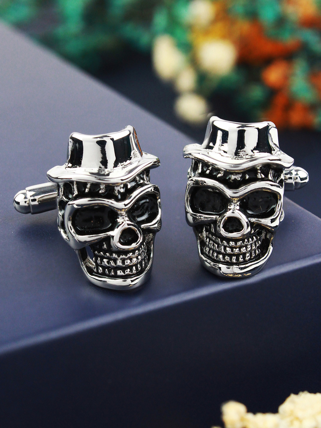 PELUCHE Silver-Toned & Black Quirky Skull Enamel Cufflink