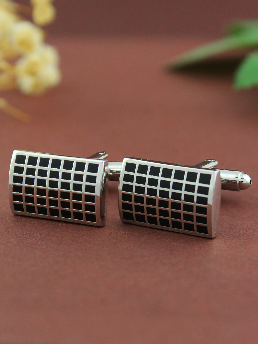 PELUCHE Black & Silver-Toned Enamel Checked Rectangle Cufflink