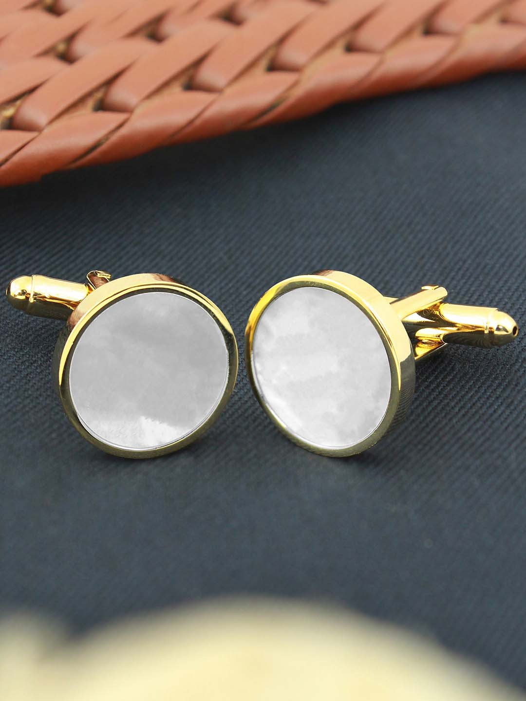 PELUCHE Men Gold-Toned & Plated Semi Precious Pearl Studded Round Cufflinks