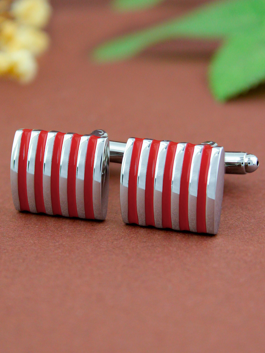 PELUCHE Red & Silver-Toned Enamel Striped Square Cufflink