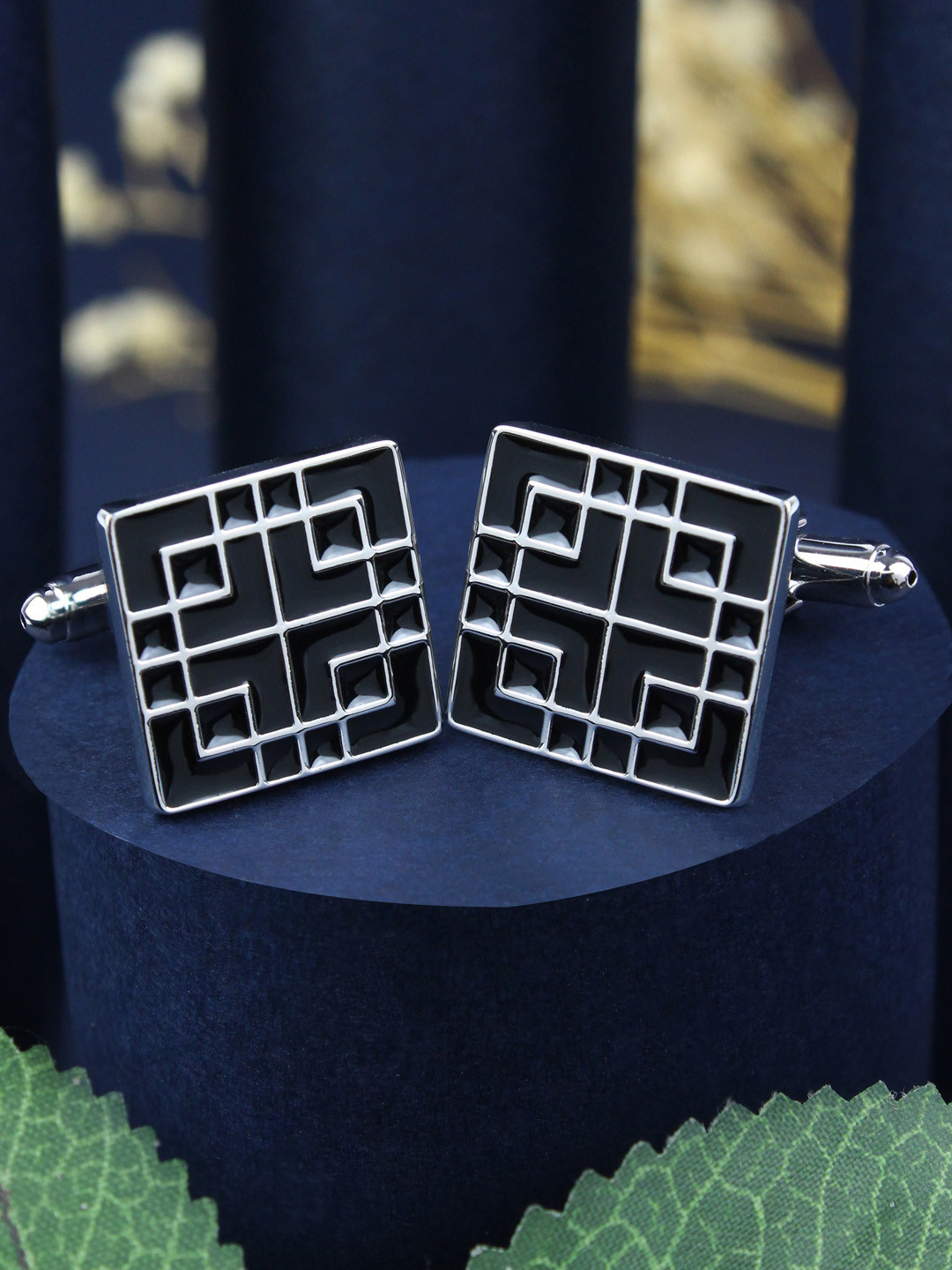 PELUCHE Men Black & Silver-Toned Geometric Cufflink