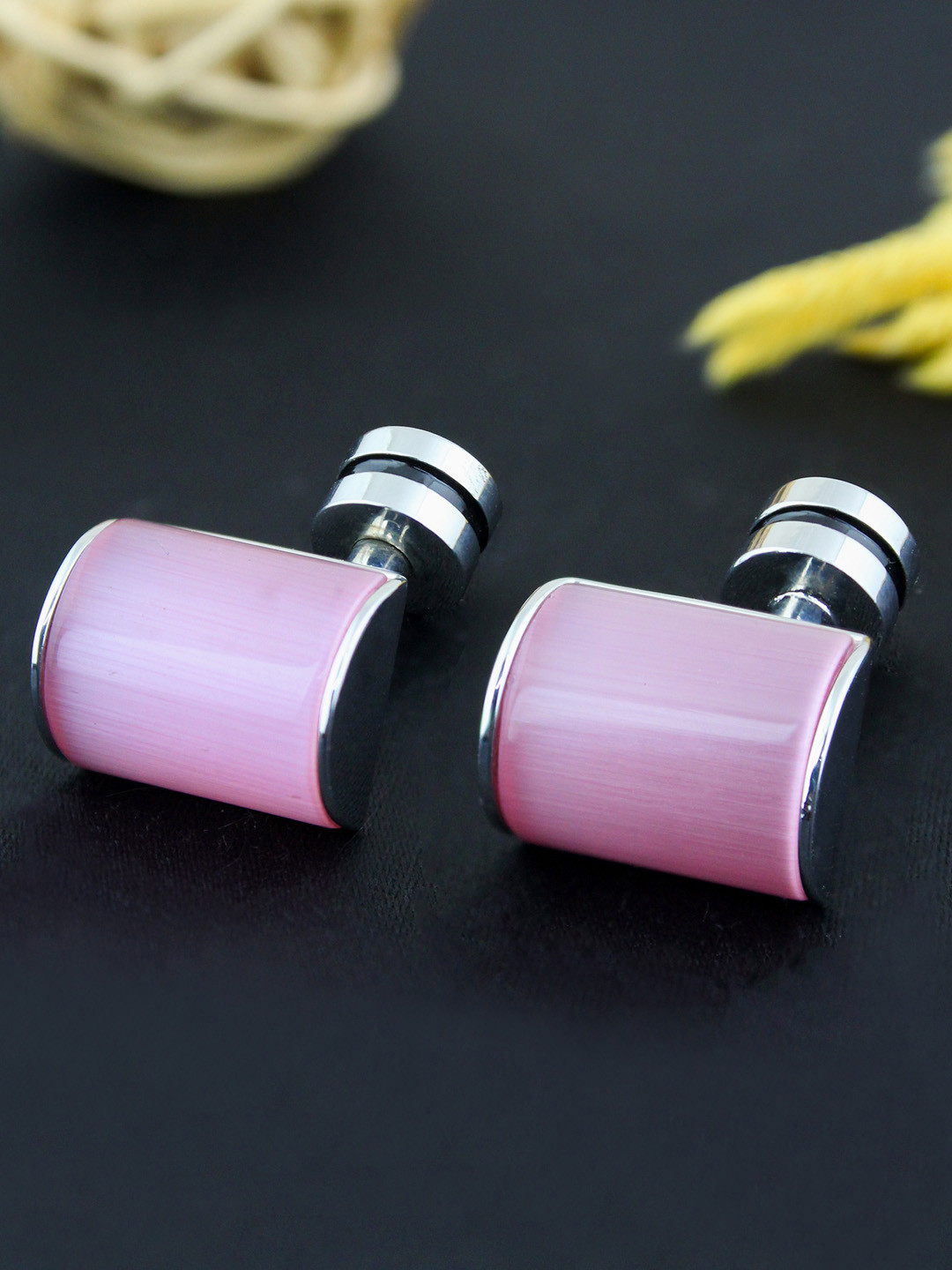 PELUCHE Men Silver & Pink Onyx Stone Cufflinks