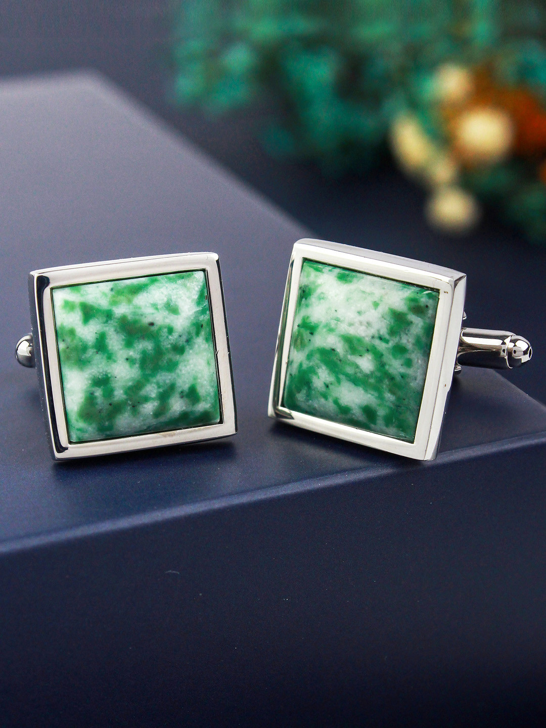 PELUCHE Men Mother Of Pearl Green Textured Silver-Toned Cufflink